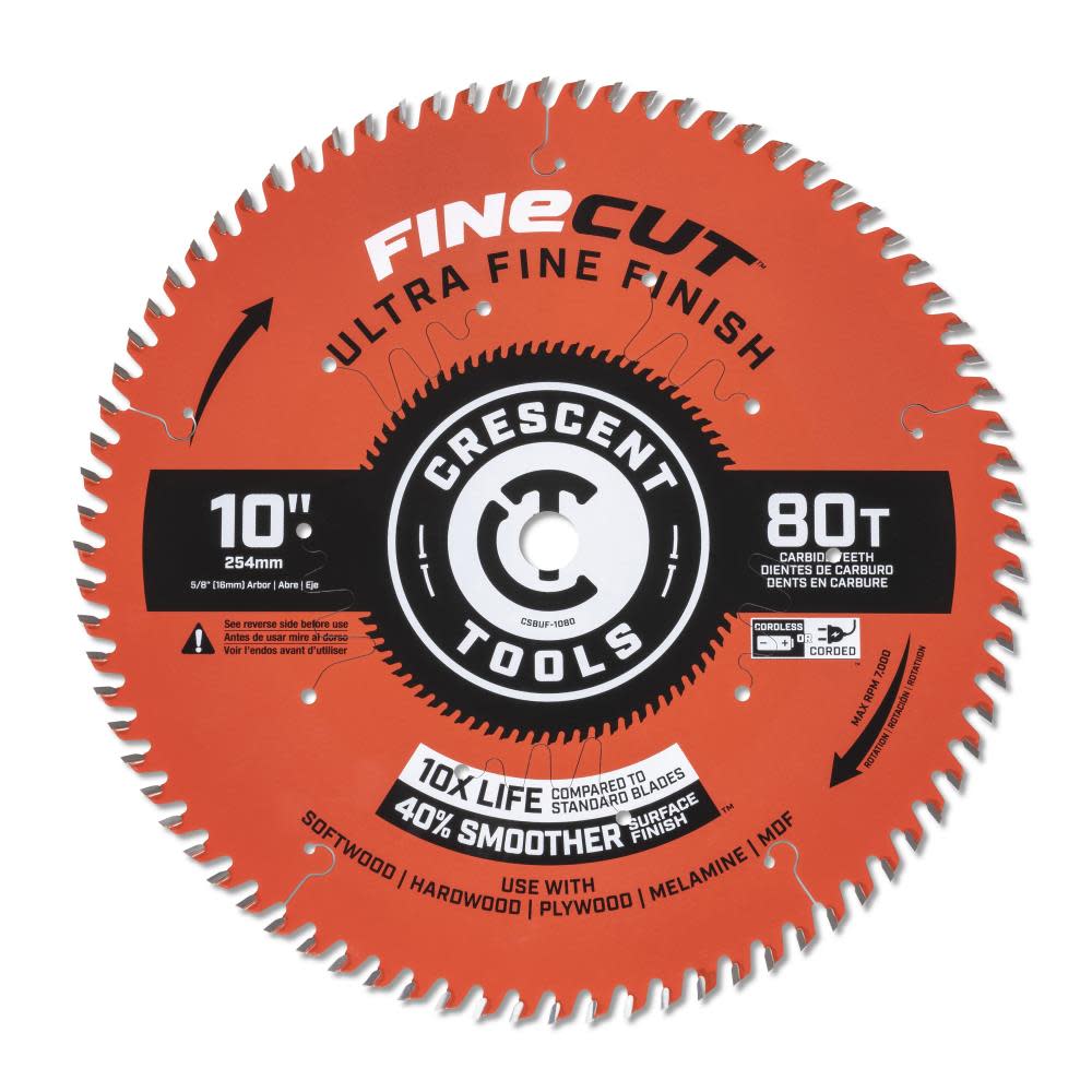 

Crescent Circular Saw Blade 10" x 80 Tooth Fine Cut Ultra Fine Finishing