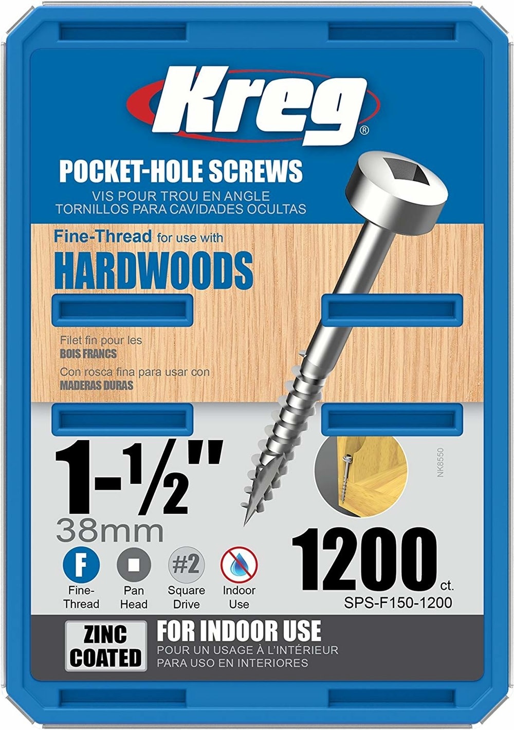 

Kreg 1-1/2" #6 Fine Pan-Head Zinc Pocket Screw - 1200ct
