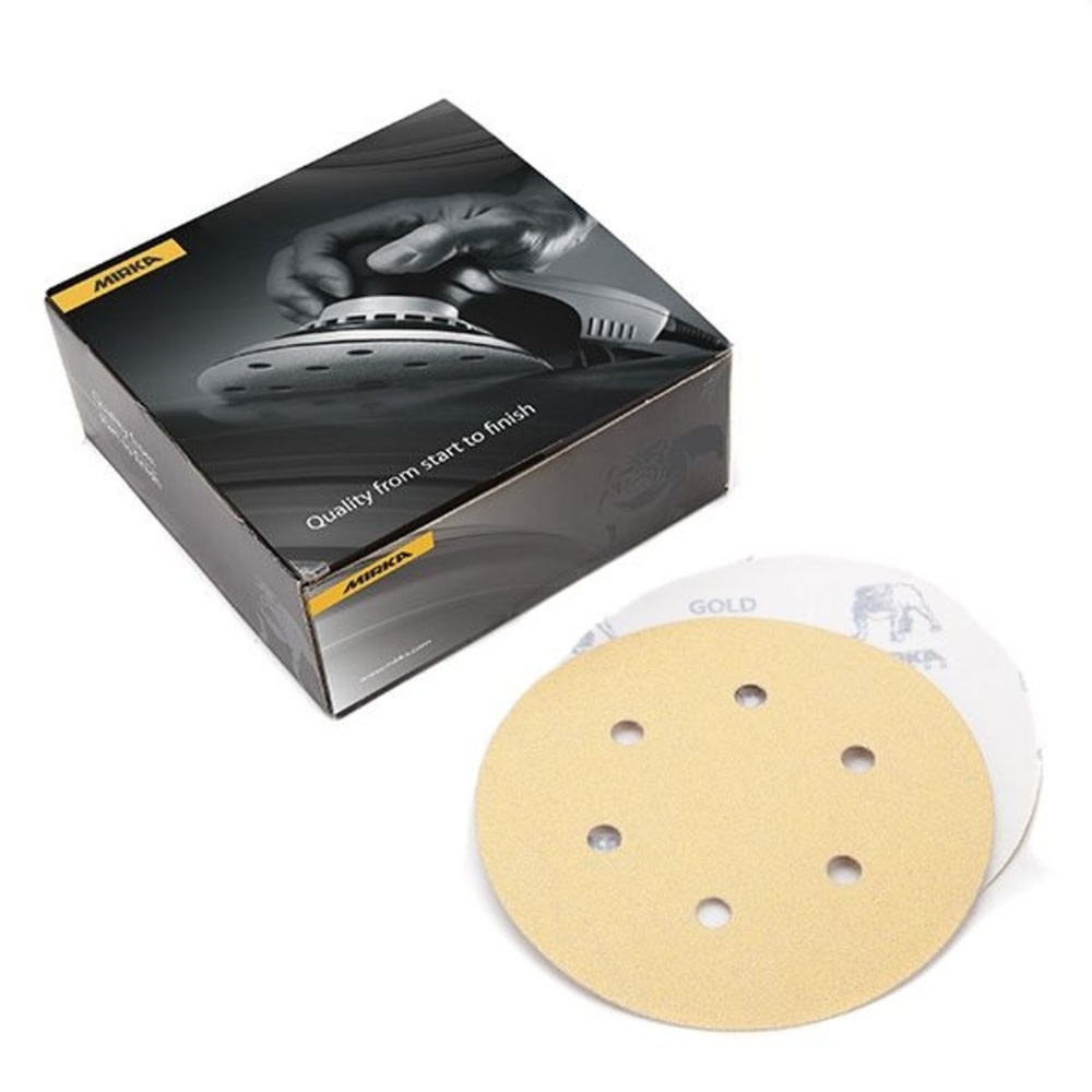 

Mirka 6" Gold 6-Hole 120 Grit Dustless Hook & Loop Sanding Vacuum Disc P120 Pack of 50