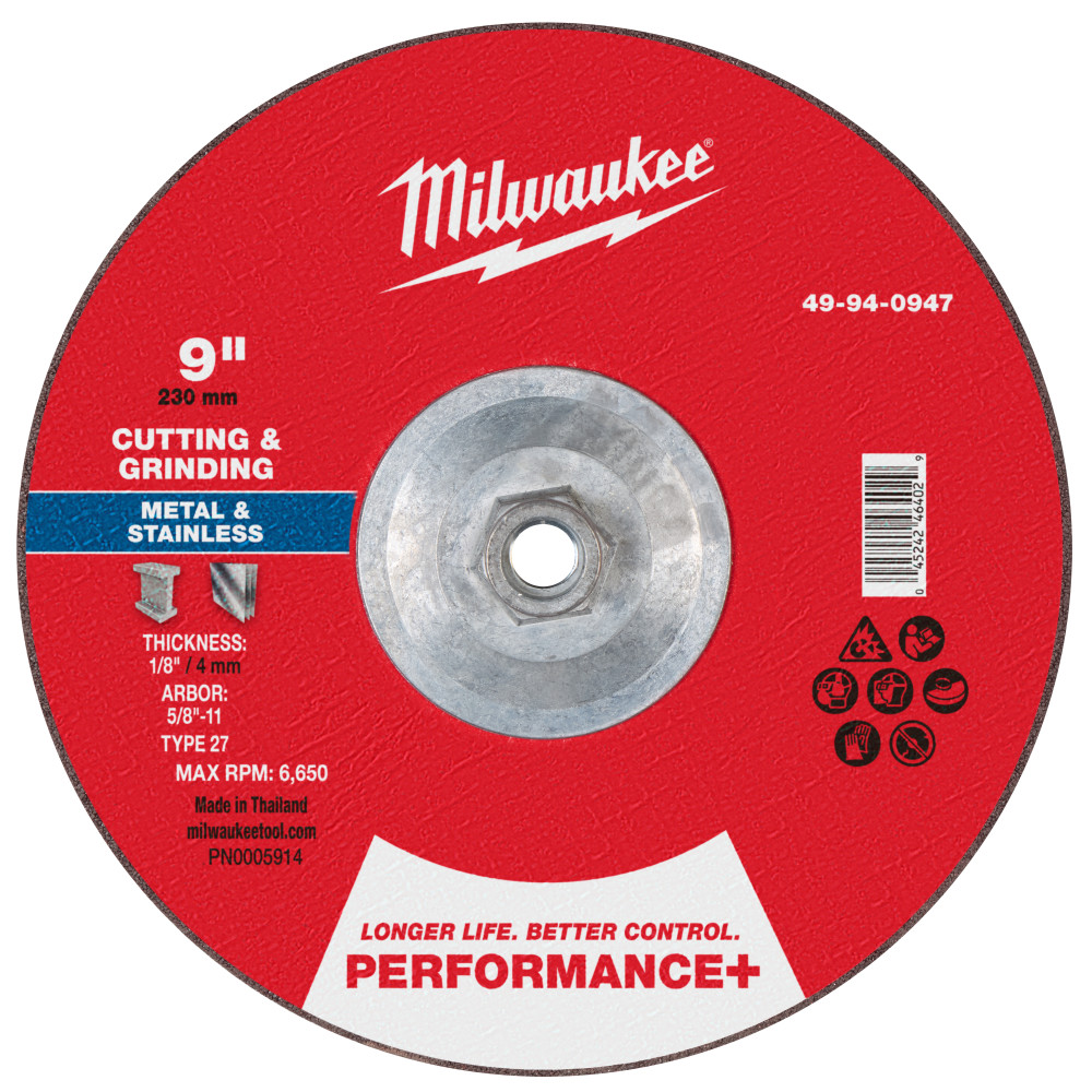 Milwaukee 9 Inch x 1/8 Inch x 5/8 Inch-11 Performance+ Dual Metal Cut & Grind Wheel Type 27