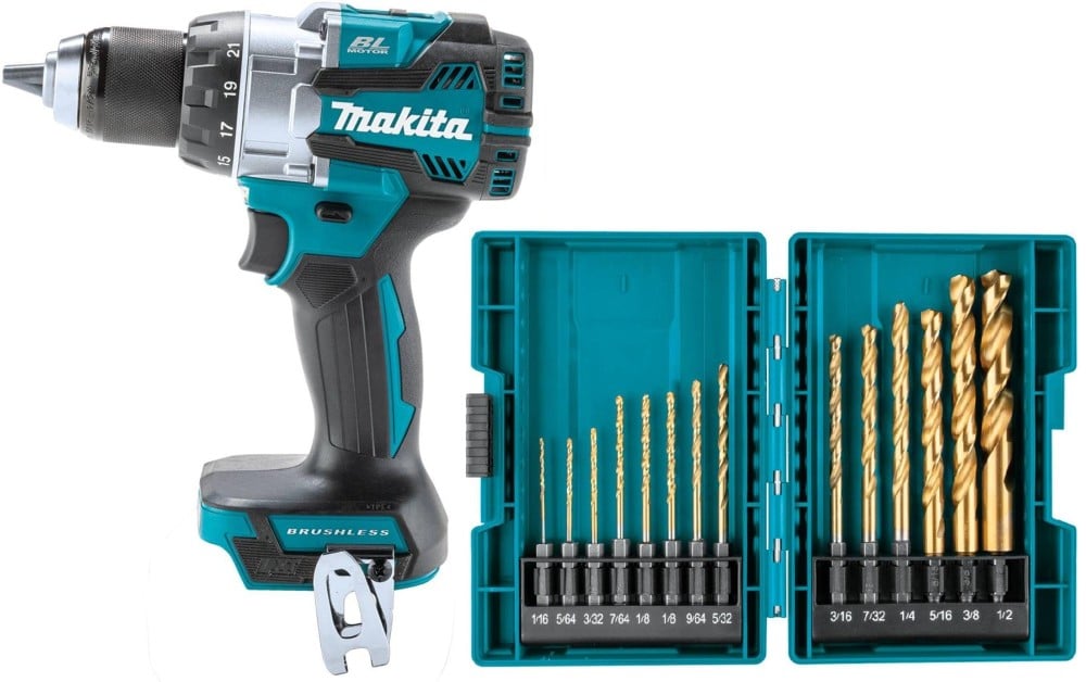 View Makita 18V LXT Lithium Ion Brushless Cordless 1/2 Inch Driver Drill (Tool Only) & Impact GOLD 14 Pc. Titanium Drill Bit Set Bundle
