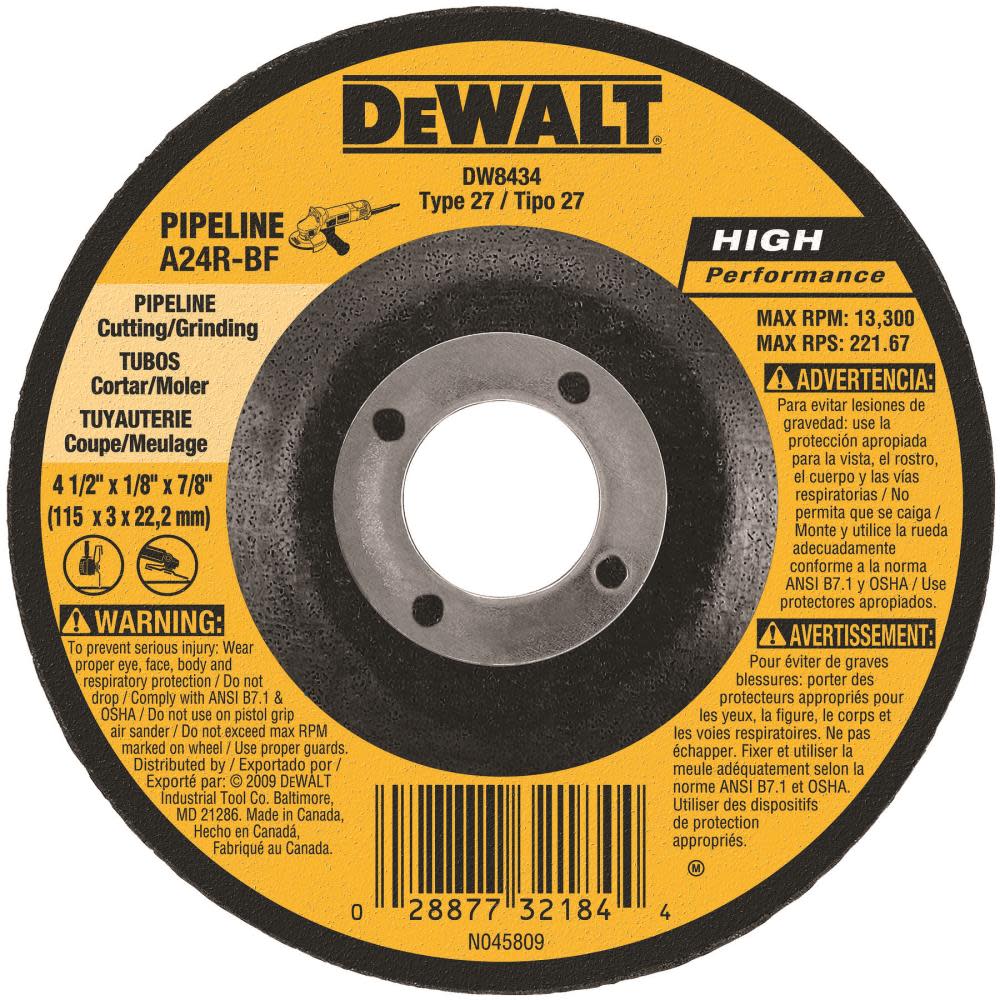 

DEWALT 4-1/2 In. x 1/8 In. x 7/8 In. High Performance Pipeline Wheel