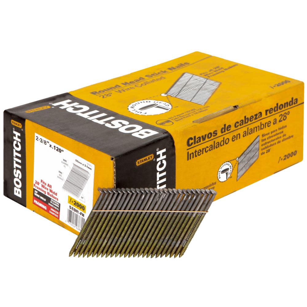 

Bostitch 2000-Qty 2-3/8 In. x .120 Ring Shank 28 Degree Wire Collated Full Round Head Stick Framing Nails