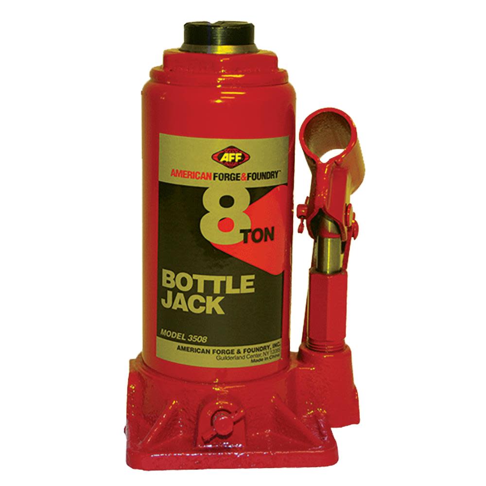 

American Forge Heavy Duty 8 Ton Bottle Jack Manual Machine Hardened Steel Saddles Centered Pumps and Rams