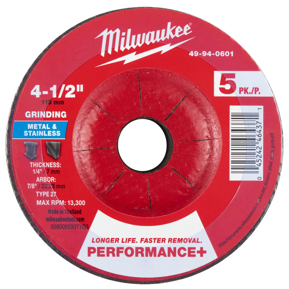 Milwaukee 4-1/2 Inch x 1/4 Inch x 7/8 Inch Performance+ Metal Grinding Wheel Type 27 5 Pieces