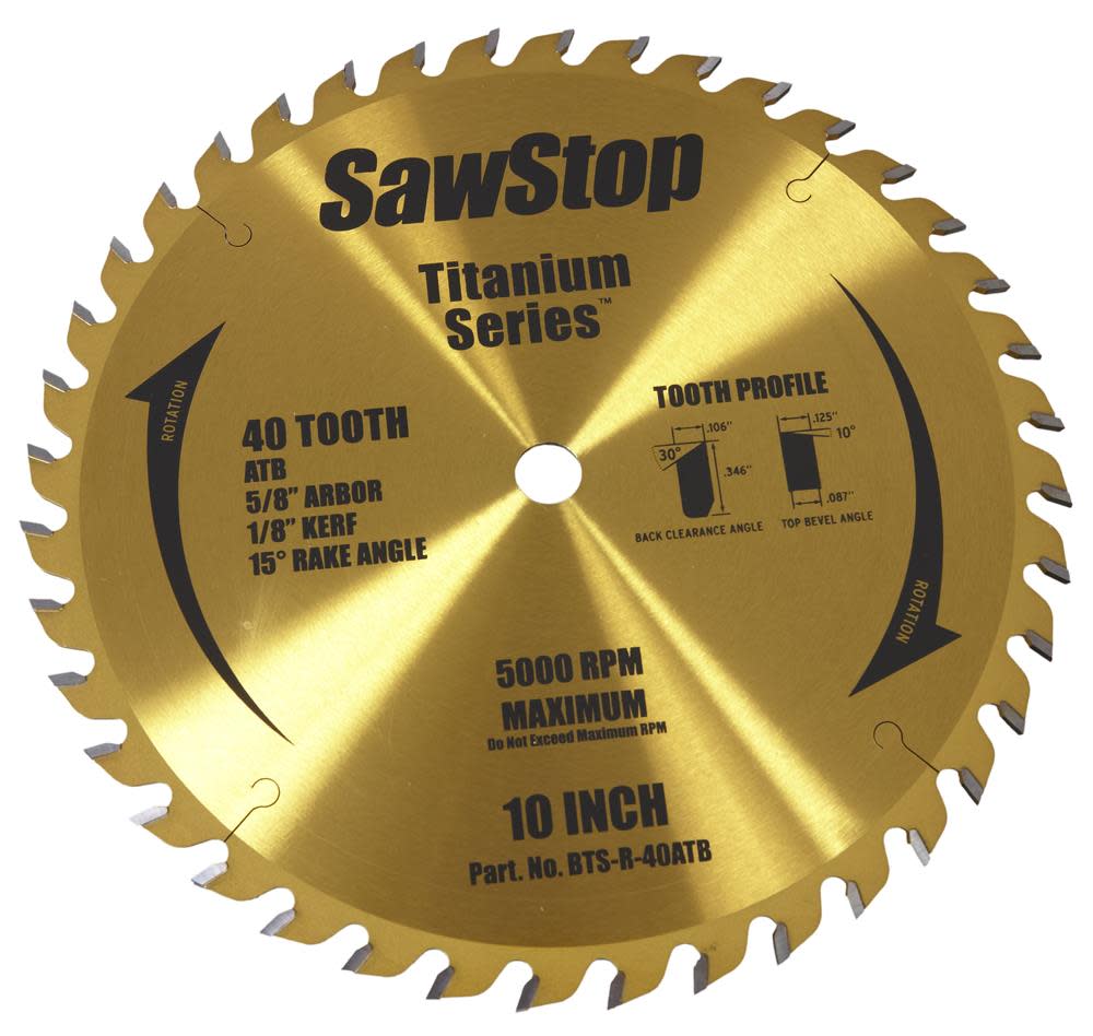 

Sawstop 10 In. 40 Tooth (ATB) Ripping Blade - Titanium Series Premium Woodworking Blade