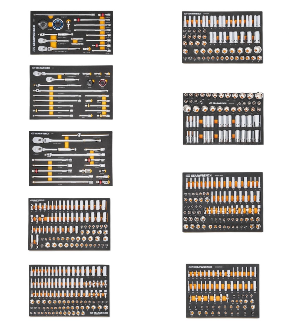 GEARWRENCH 1/2, 3/8, 1/4 Inch Ratchet and Drive Tool Set, SAE and Metric Socket Set Bundle with Tray