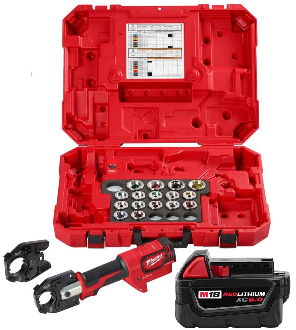 Milwaukee M18 FORCE LOGIC 600 MCM AL Crimper with 750 MCM Expanded Jaw & M18 REDLITHIUM XC 18V 5Ah Battery