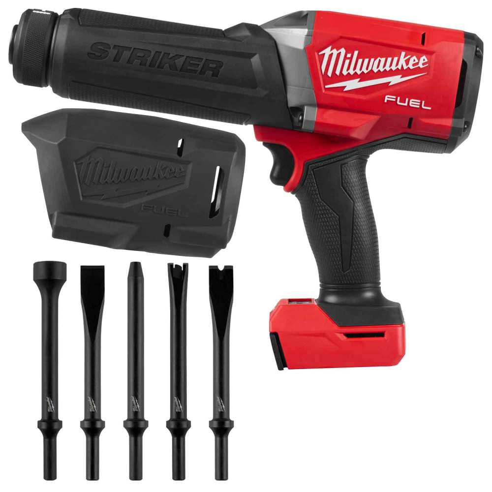 View Milwaukee M18 FUEL STRIKER Hammer Chisel (Bare Tool) with Protective Boot and 5pc Chisel Bit Set