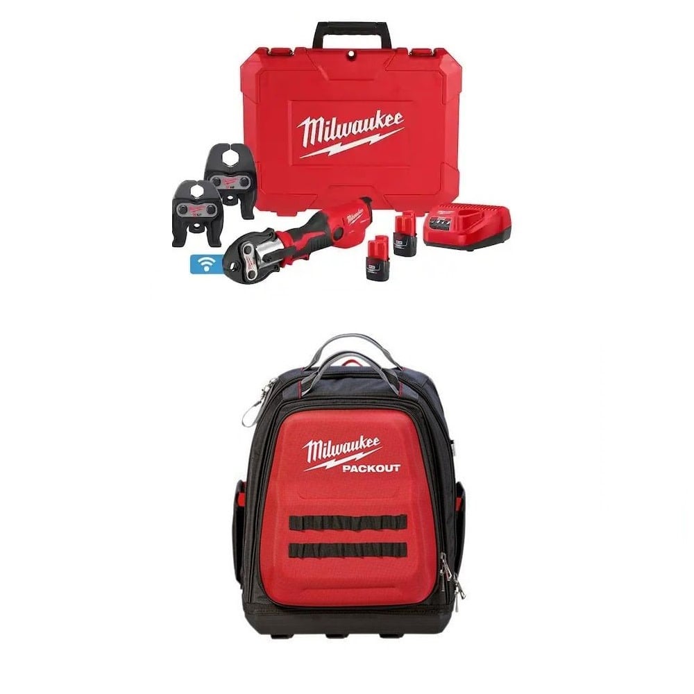Milwaukee M12 Press Tool with 1/2 - 1 Inch Jaws Kit and PACKOUT Backpack Bundle