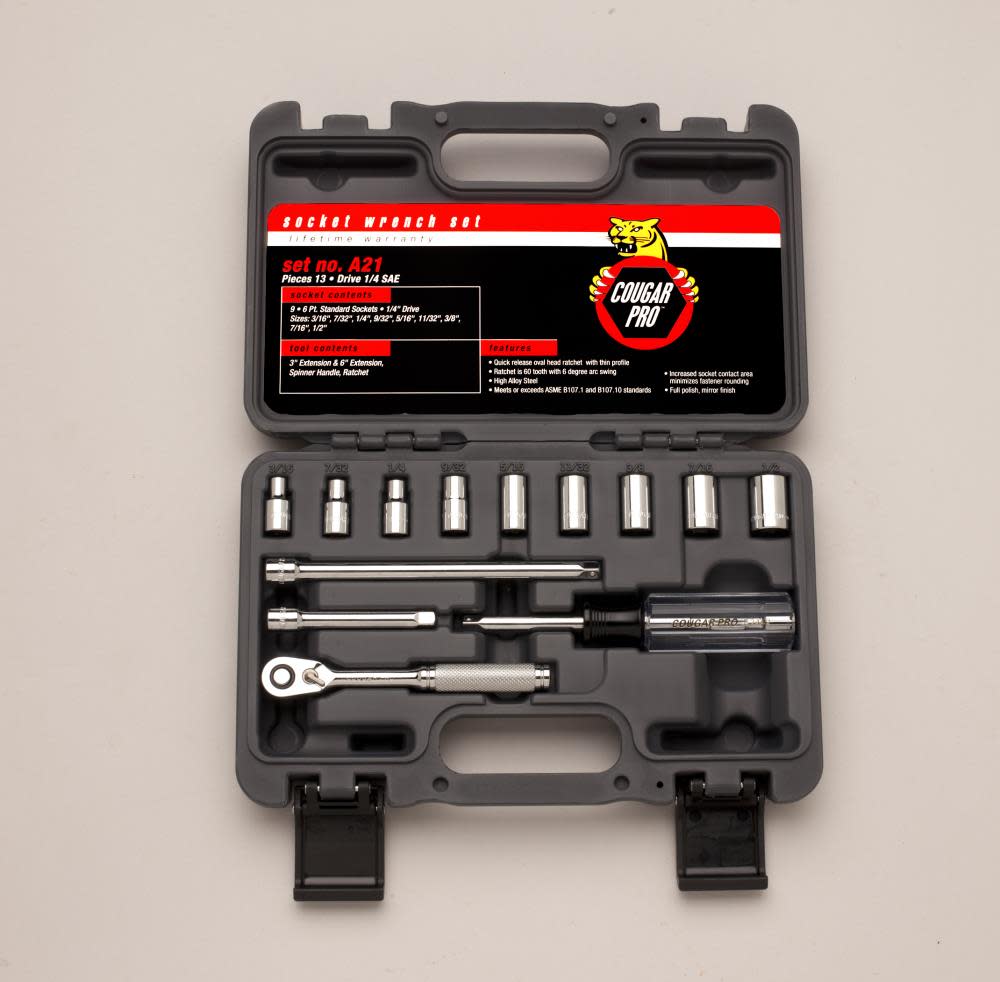 

Cougar Pro 1/4 In. Drive 13 pc. 6 pt SAE Socket Set