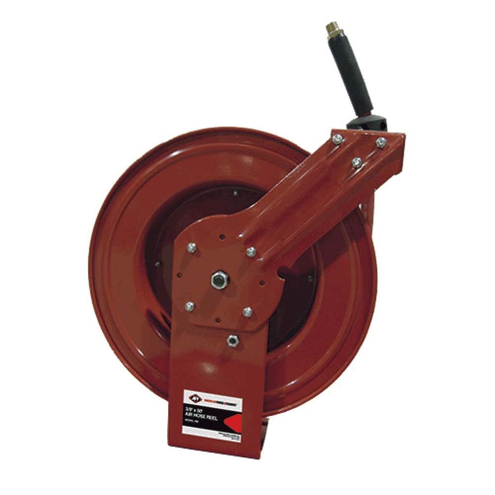 American Forge Durable Heavy Steel Construction 3/8 Inch x 50 Ft. Rubber Air Hose Reel with Heavy-Duty Crimping and Spring Guard 1/4 Inch NPT