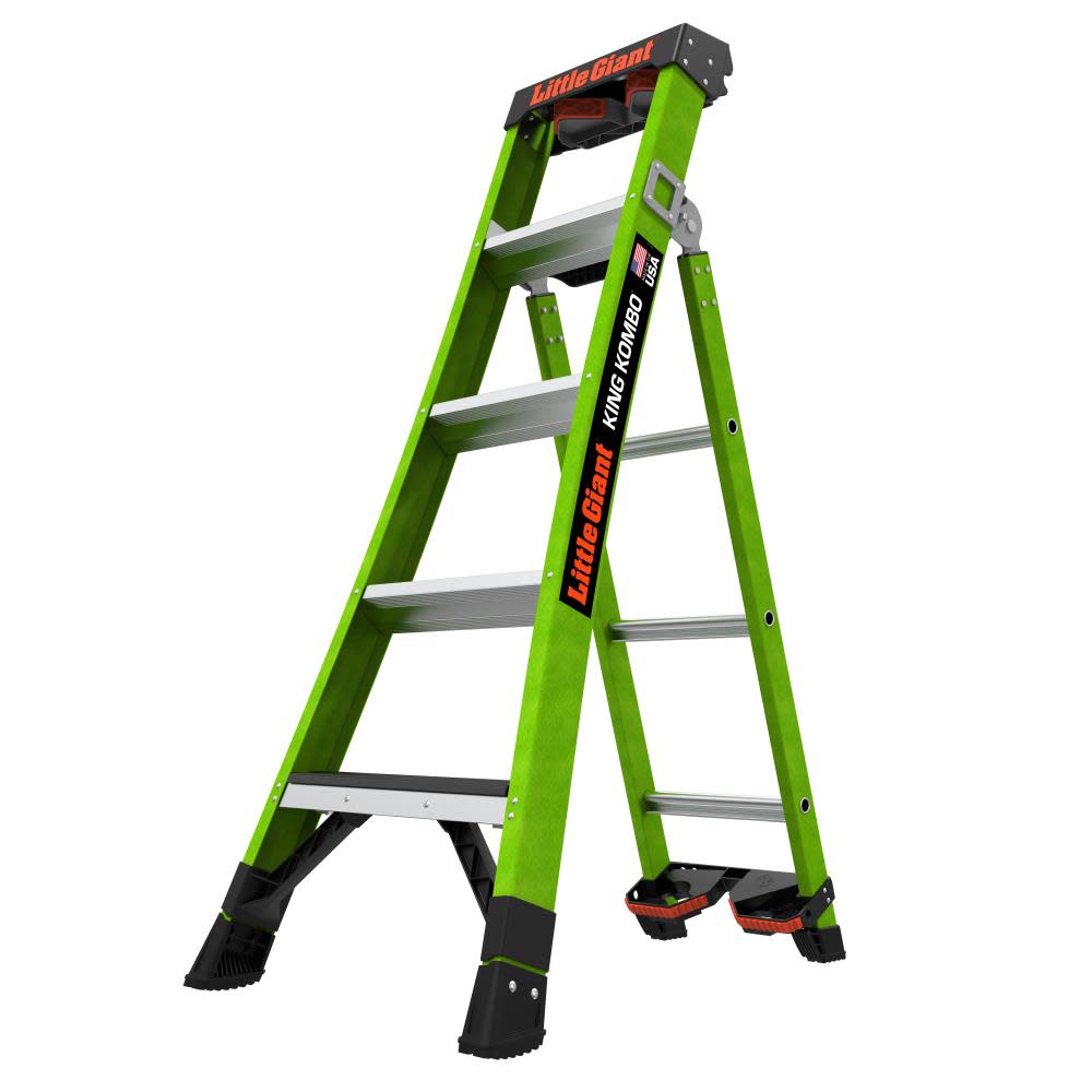 

Little Giant Safety KING KOMBO Industrial 5' - ANSI Type IAA - 375 lb/170 kg Rated Fiberglass 3-in-1 All-Access Combination Ladder with GRIP-N-GO Single-Hand Release Hinge Rotating Wall Pad Accessory QUAD POD GROUND CUE and Heavy-Duty Feet
