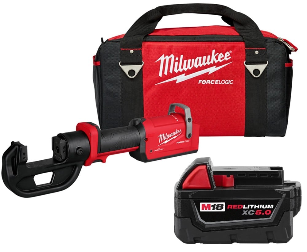 Milwaukee M18 FORCE LOGIC 12T Kearney Linear Crimper & M18 REDLITHIUM XC 18V 5Ah Battery Pack Bundle