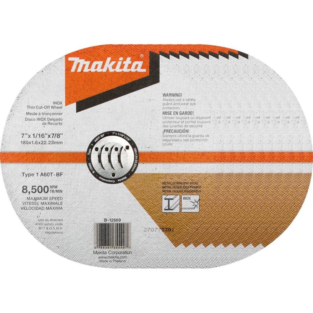 

Makita 7" x 1/16" x 7/8" INOX Thin Cut-Off Wheel 60 Grit 10/pk