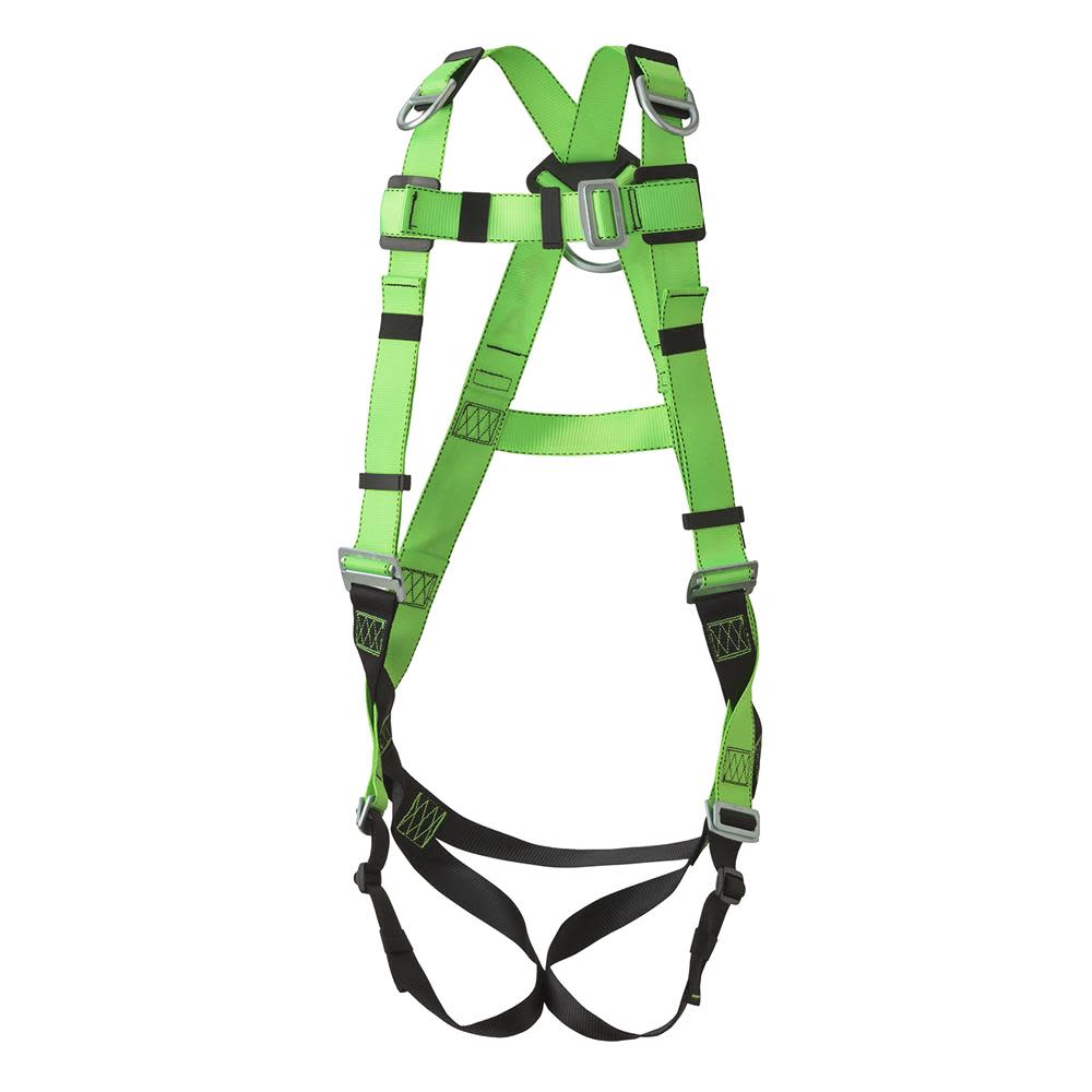 

Peakworks Full Body Safety Harness 5-Point Adjustment with Fall Indicator Back and Shoulder D-Rings Pass Thru Leg Buckles Hi-Vis Green/Black Universal Fit