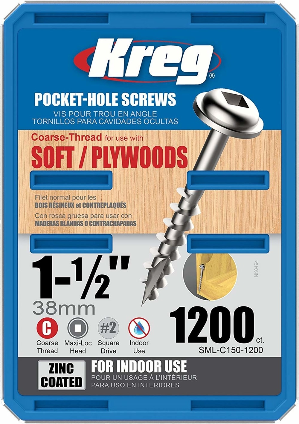 

Kreg Pocket Screws - 1-1/2" #8 Coarse Washer-Head 1200ct