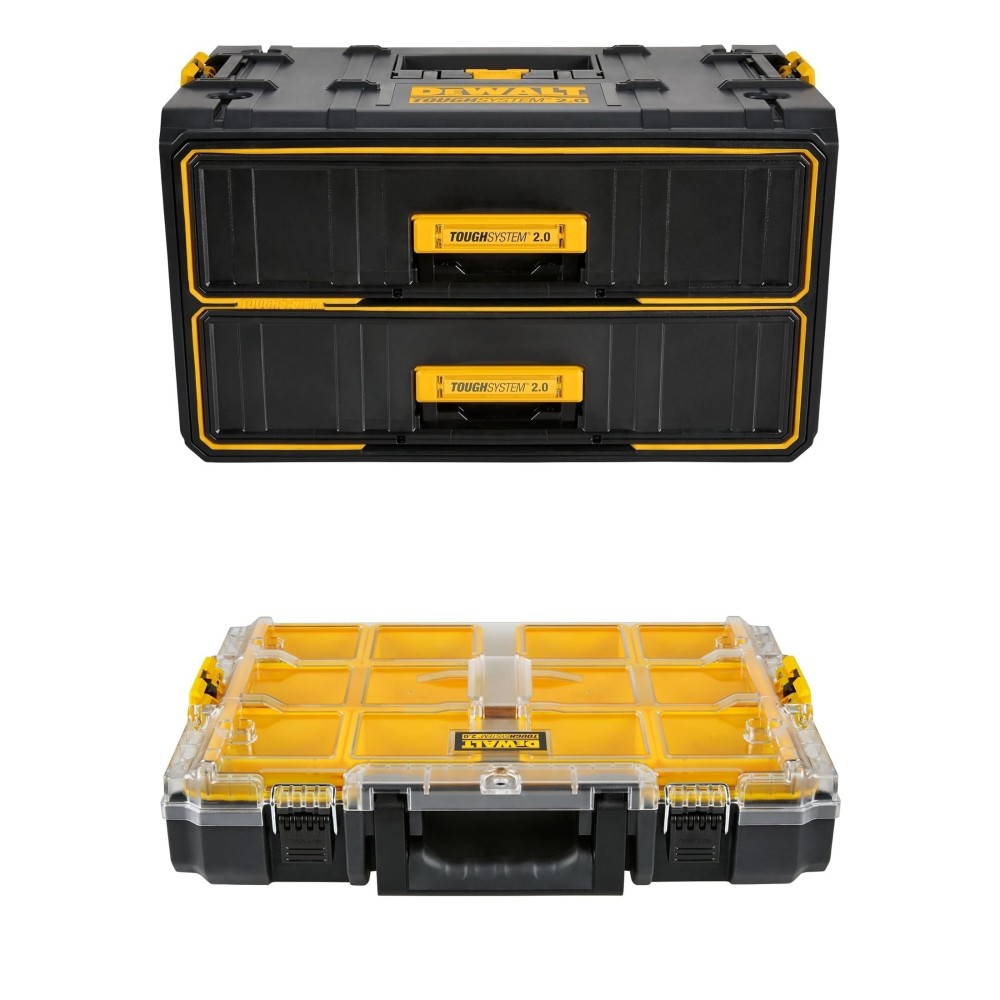 Dewalt Tough System Compatible 2-Drawer Organizer Bin – PETG Plastic – Black/Yellow With Dividers (UK Made)