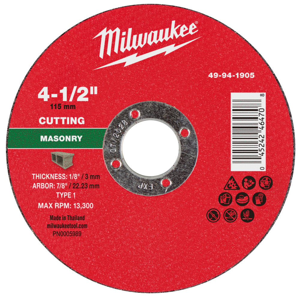 Milwaukee 4-1/2 Inch x 1/8 Inch x 7/8 Inch Masonry Cut Off Wheel Type 1
