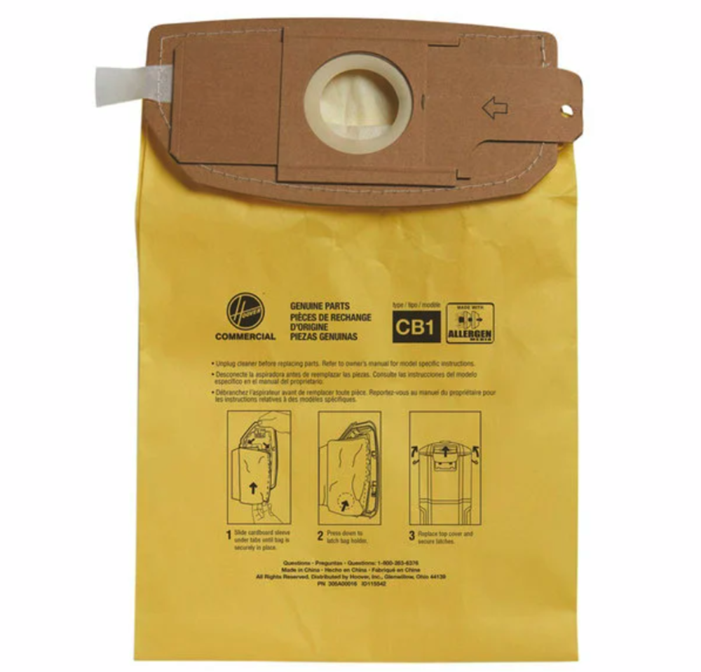 

Hoover Commercial Vacuum Type CB1A Allergen Bags for HushTone CH4006 and CH93406 Back Pack Vacuum Cleaners Pack of 10