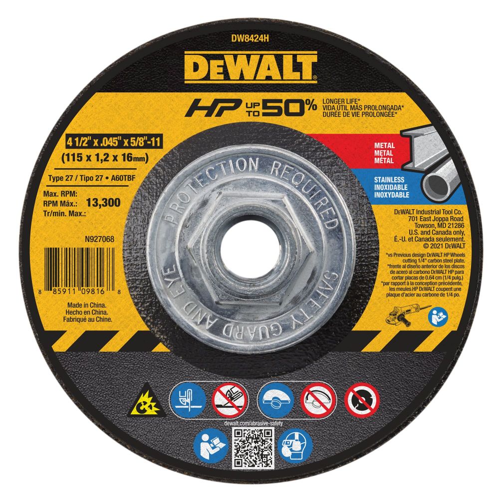 DEWALT Cutting Wheel 4 1/2in x .045in x 5/8in 11 HP T27 DW8424H Acme