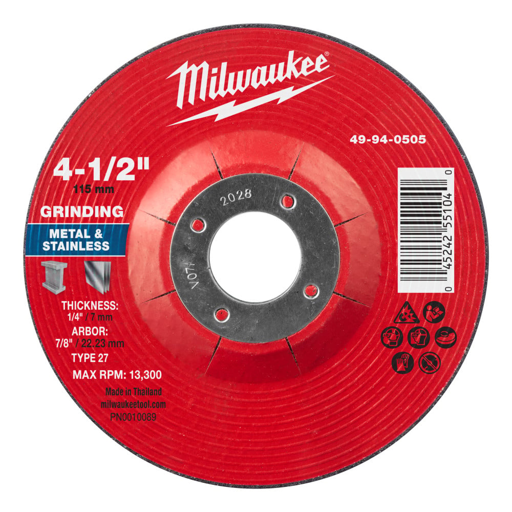 Milwaukee 4-1/2 Inch x 1/4 Inch x 7/8 Inch Metal Grinding Wheel Type 27