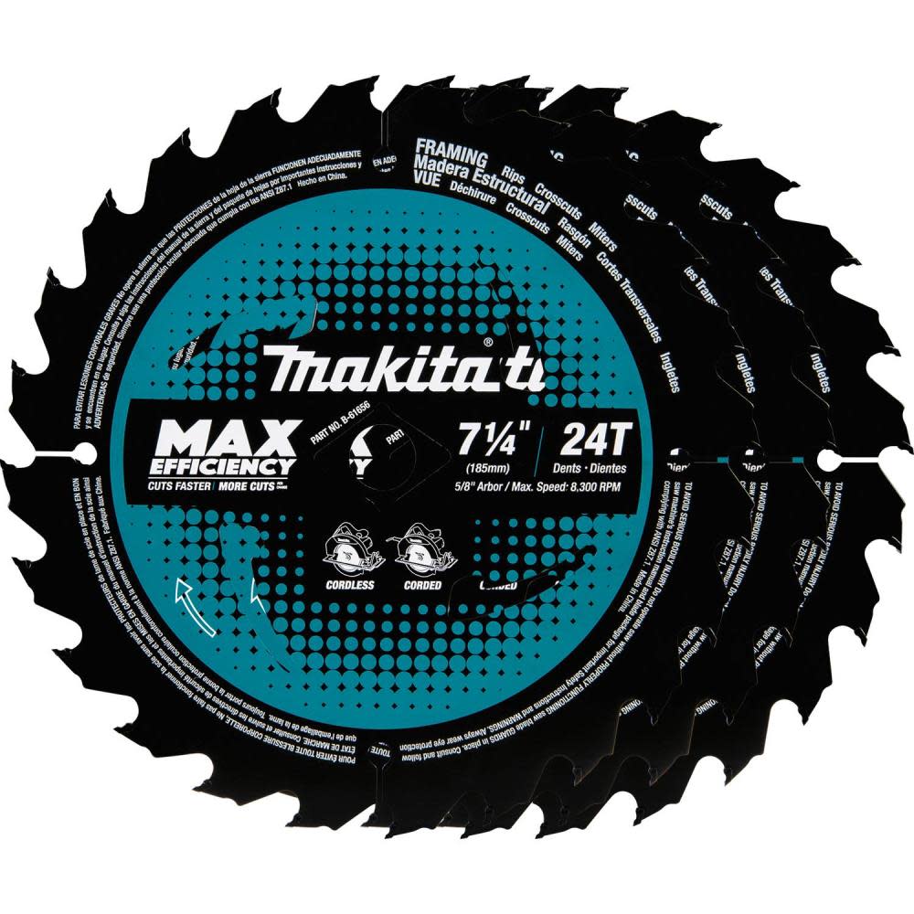 

Makita Max Efficiency Circular Saw Blades 7 1/4" 24T Carbide Tipped Framing 3pk