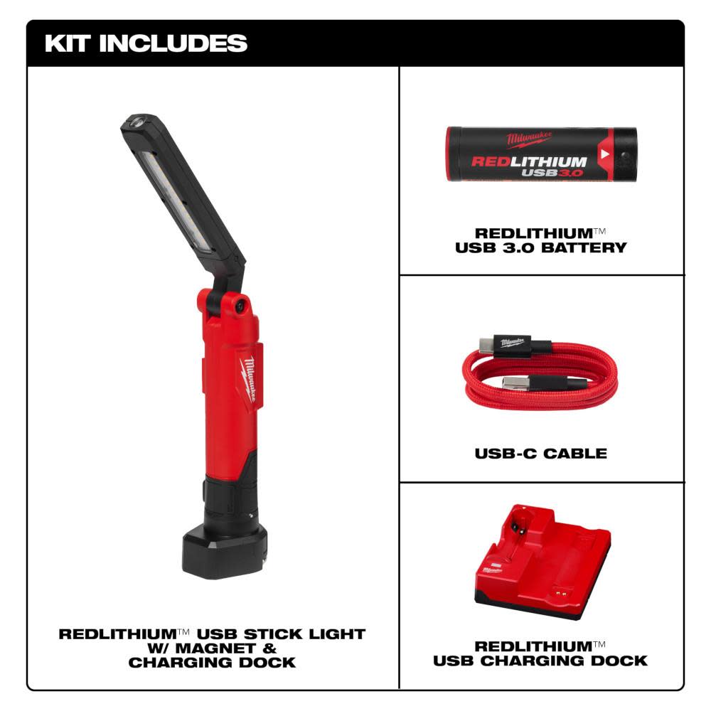 Milwaukee REDLITHIUM USB Stick Light with Magnet Charging Dock 2128 22 Acme Tools