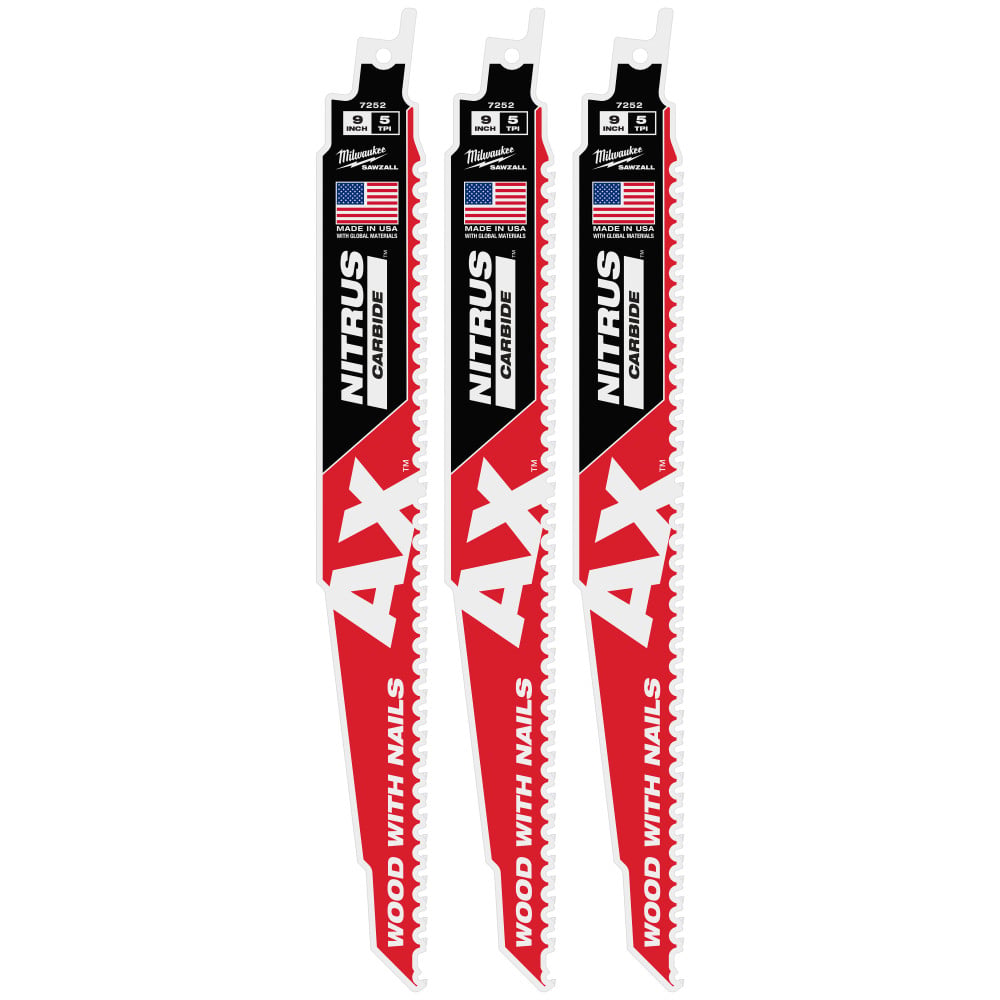 Milwaukee 9 Inch 5 TPI AX with NITRUS Carbide Teeth SAWZALL Blade for Wood with Nails 3 Pieces