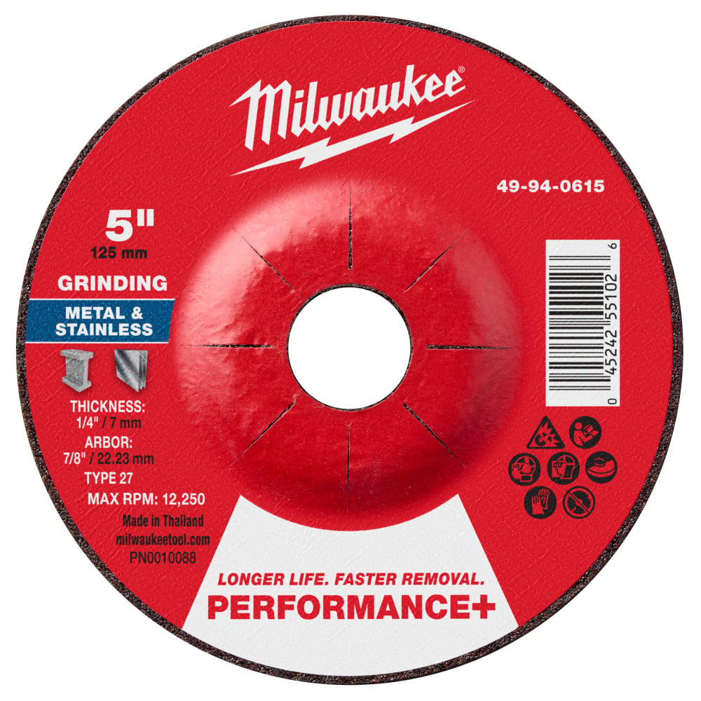 Milwaukee 5 Inch x 1/4 Inch x 7/8 Inch Performance+ Metal Grinding  Wheel Type 27