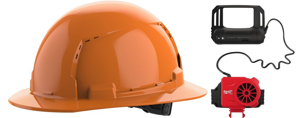 Milwaukee BOLT Orange Full Brim Vented Hard Hat with 6pt Ratcheting Suspension Type 1 Class C & USB Cooling Fan Bundle