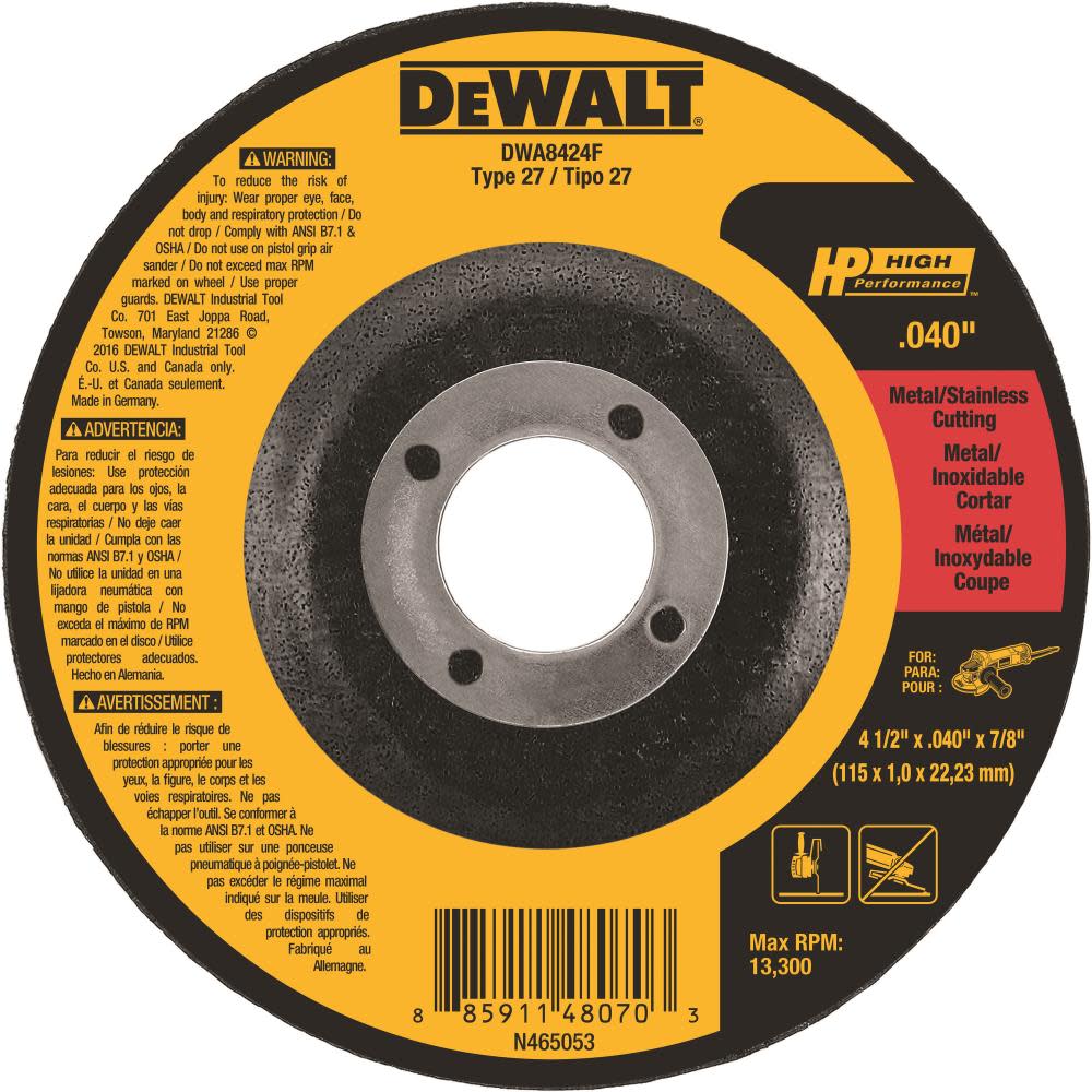 

DEWALT 4-1/2 x .040 x 7/8 T27 HP Cut-Off Wheel