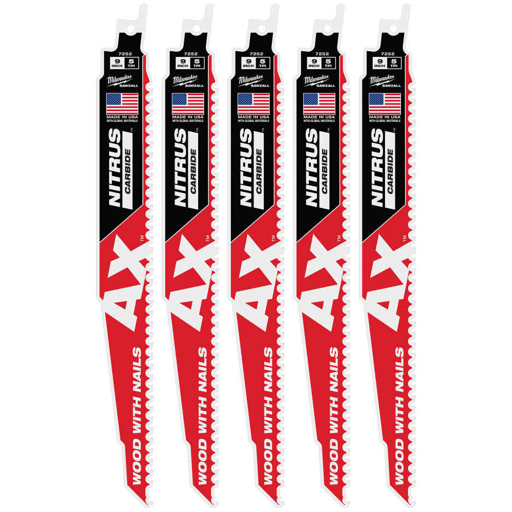 Milwaukee 9 Inch 5 TPI AX with NITRUS Carbide Teeth SAWZALL Blade for Wood with Nails 5 Pieces