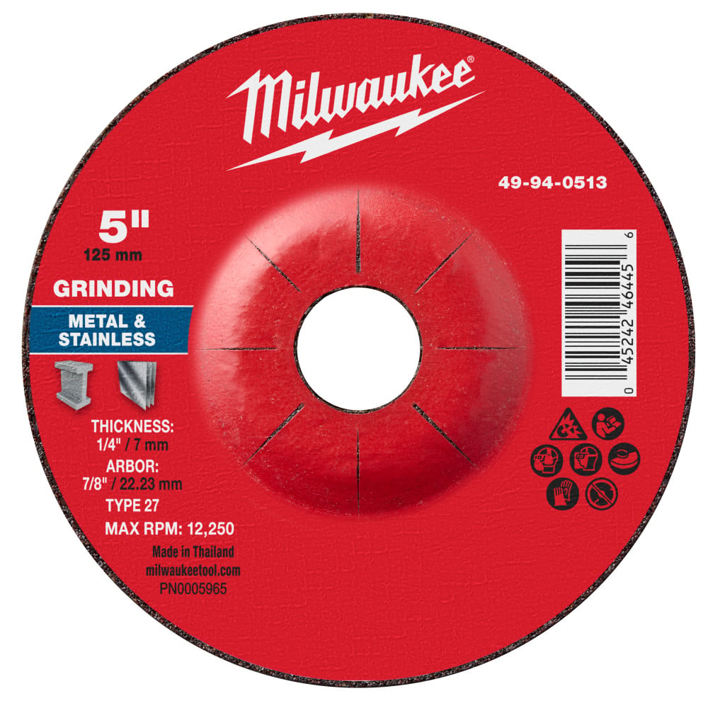 Milwaukee 5 Inch x 1/4 Inch x 7/8 Inch Metal Grinding  Wheel Type 27