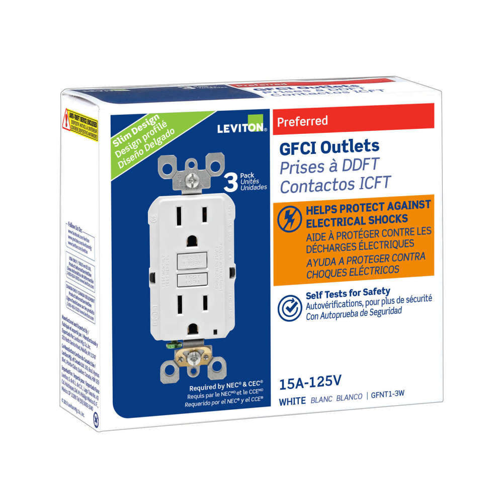 Leviton SmartlockPro GFCI Outlet 15A 125V Duplex White NEMA 5-15R 3pk