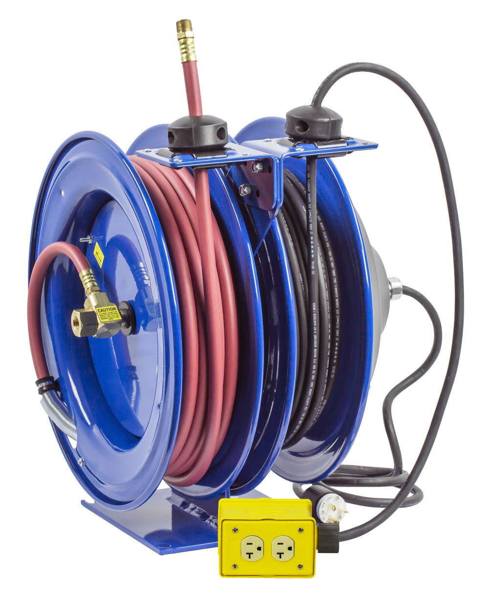 

Coxreels Dual Purpose Spring Rewind Reels 3/8" x 50' 300PSI Quad Receptacle 50' cord 12 AWG