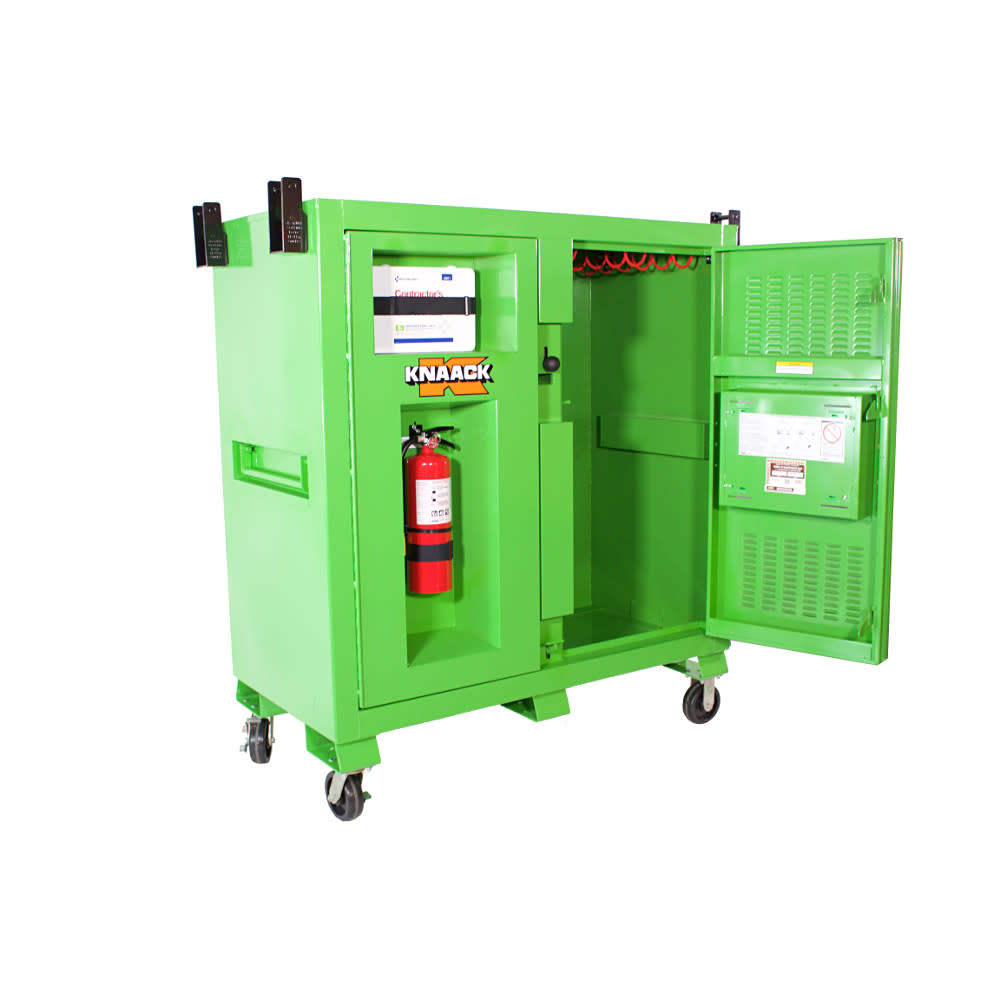 

Knaack Safety Kage Cabinet 59.4 cu ft with hooks shelves and cubby holes.