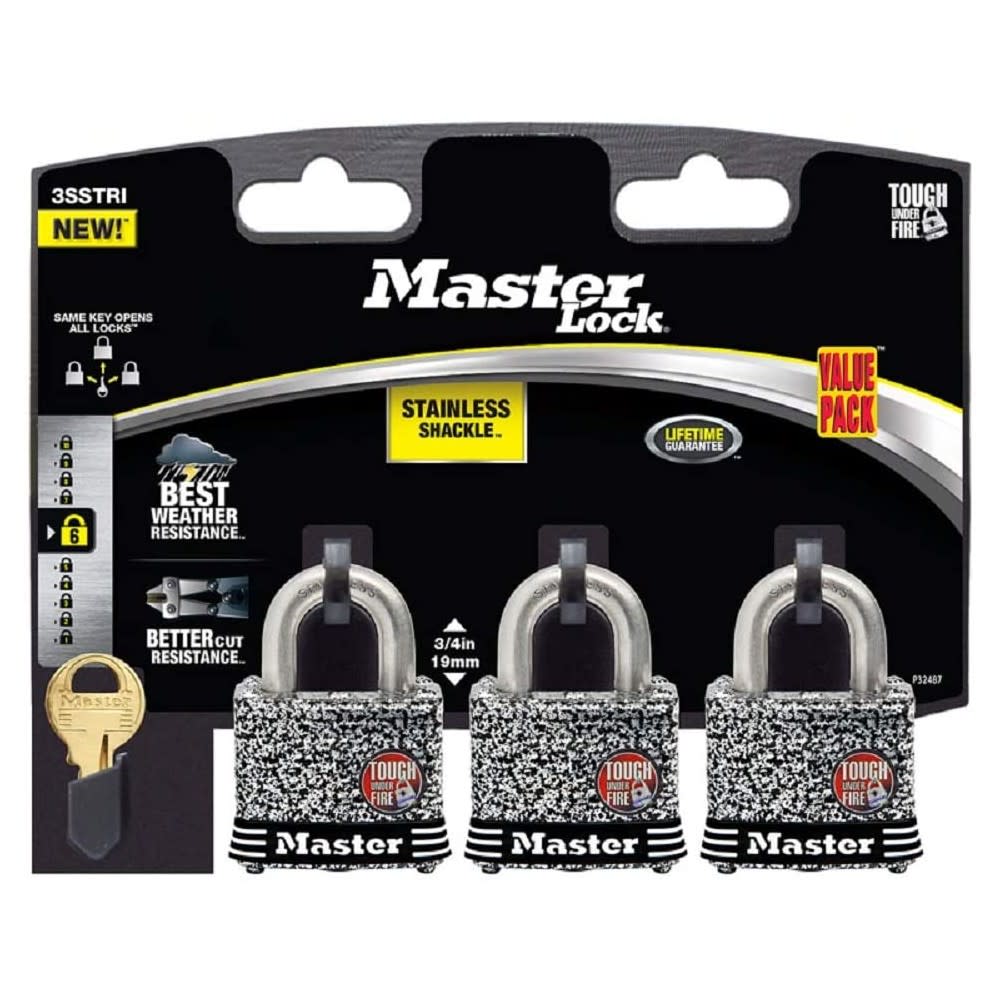 Master Lock Padlock 1 9/16" Pin Tumbler Keyed Dual Ball Bearing 3pk
