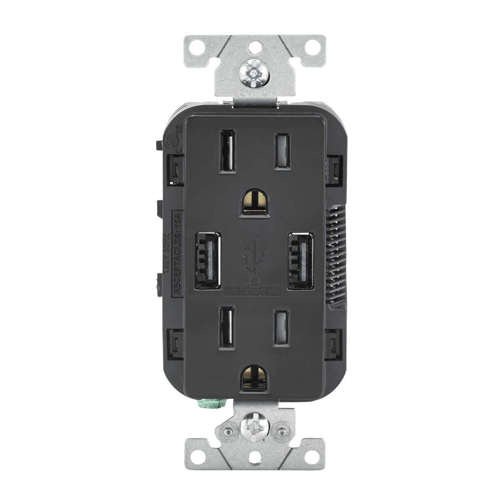 Leviton Decora 15A 125V Black NEMA 5-15R Outlet & USB Charger