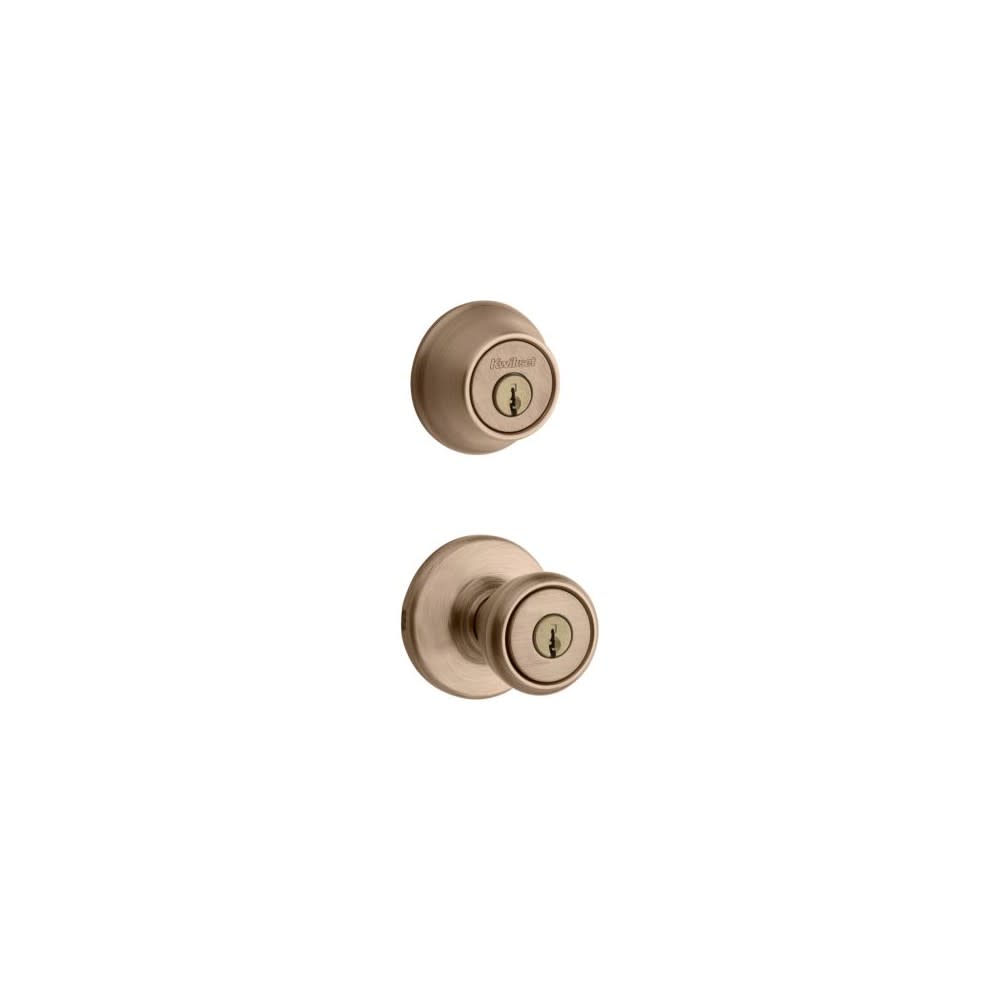

Kwikset Antique Brass Tylo Door Knob & Single Cylinder Deadbolt Set