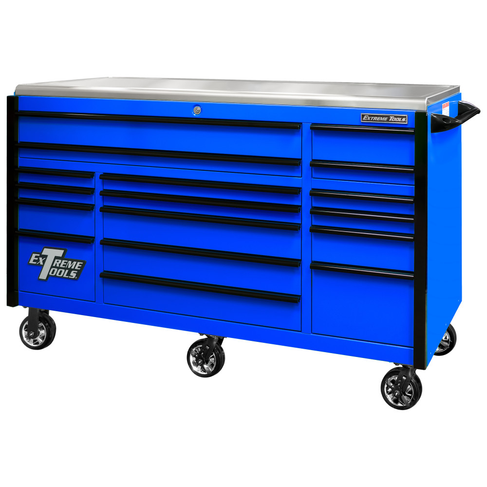 Extreme Tools 72" Blue Roller Cabinet with Black Drawer Pulls