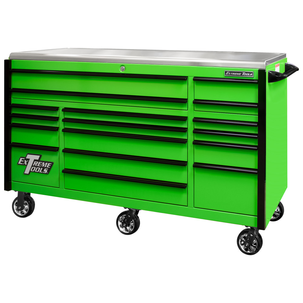Extreme Tools 72" Green Roller Cabinet with Black Drawer Pulls